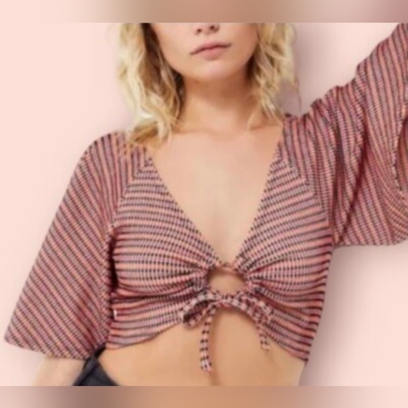 Urban Outfitters Red, Green, & Black Striped Tied Crop Blouse. Y2K. Size M. #SW - Picture 2 of 9